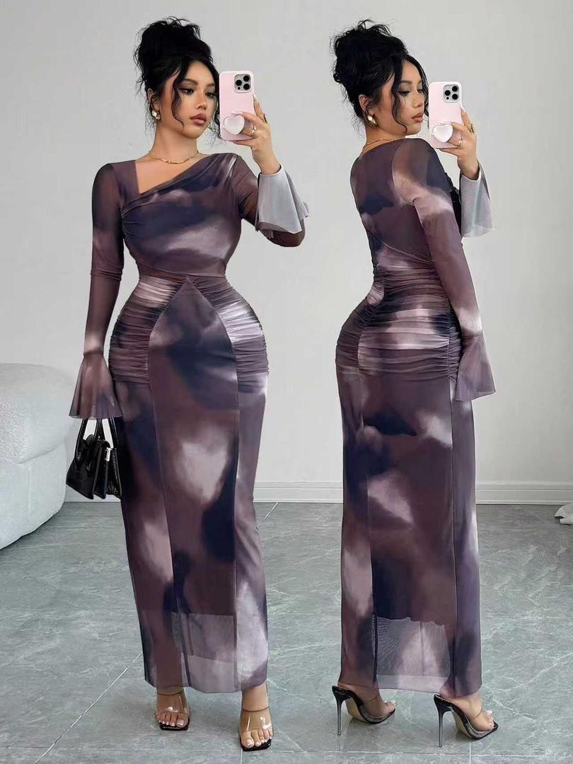 Ombre Brown Mesh Long Dress